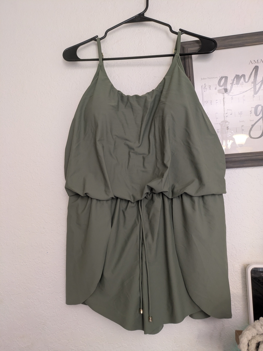 Time and Tru Olive Green One-Piece Swim Romper with Drawstring
